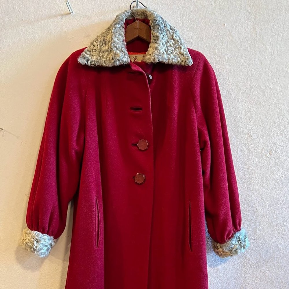 SOLD Vintage 1940s Miss Mode Long Red Coat w/ Persian Fur Collar and Trim.